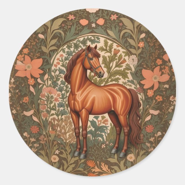 Pegatina Redonda Beautiful Brown Horse William Morris Inspired  (Anverso)