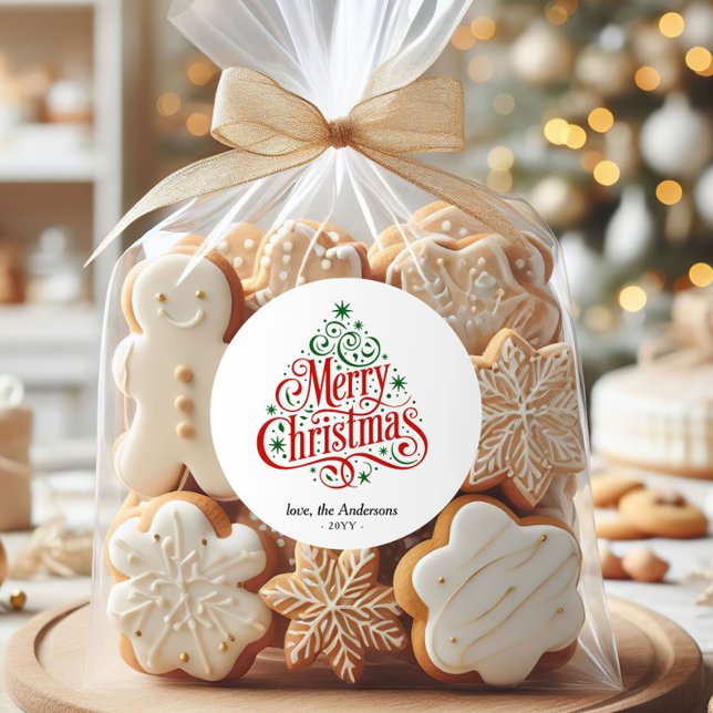 Pegatina Redonda Beautiful Calligraphy Merry Christmas Tree Custom  (Subido por el creador)