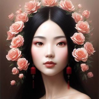 Pegatina Redonda Beautiful Chinese woman with roses aiart