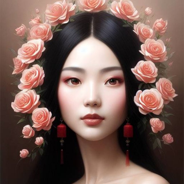 Pegatina Redonda Beautiful Chinese woman with roses aiart (Subido por el creador)