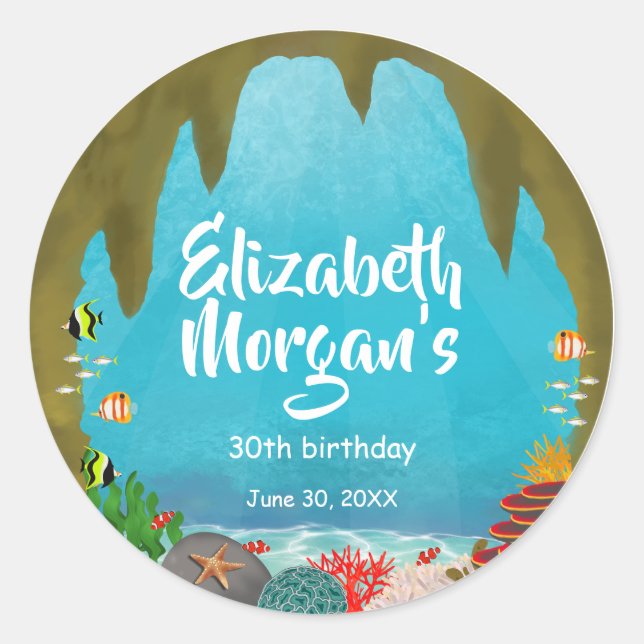 Pegatina Redonda Beautiful Creatures Under the Sea Cave Birthday (Anverso)