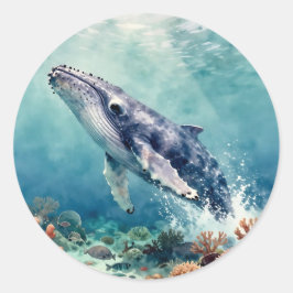 Pegatina Redonda Beautiful Impasto Whale Oceanic Illustration