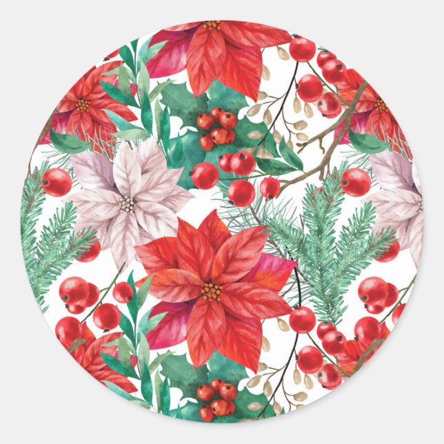 Pegatina Redonda Beautiful red and white Christmas poinsettia (Anverso)