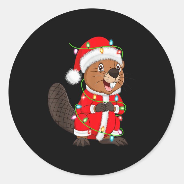 Pegatina Redonda Beaver Christmas Lights Santa Costume Cute Animal  (Anverso)