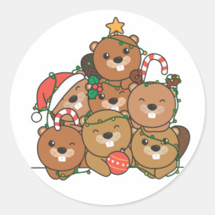 Pegatina Redonda Beaver Christmas Tree Funny Animal Navidad Class