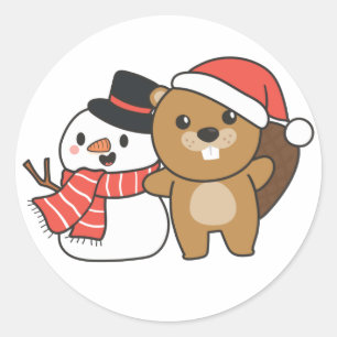Pegatina Redonda Beaver Con Snowman En Invierno En Clásico De Navid