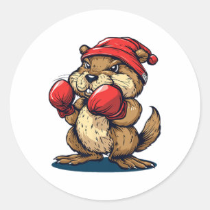 Pegatina Redonda Beaver De Boxeo De Guay Con Guantes Para Una Aplic