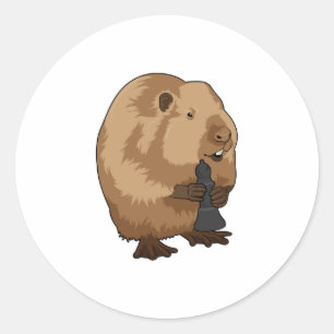 Pegatina Redonda Beaver en el Obispo de Ajedrez con pieza de ajedre