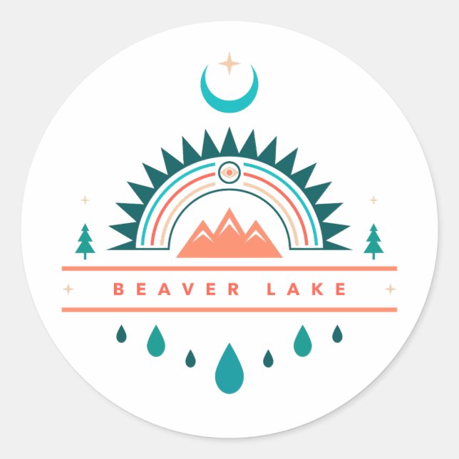 Pegatina Redonda beaver lake boho luna arco iris (Anverso)