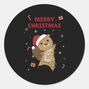 Pegatina Redonda Beaver Navidades animados animales de invierno cas