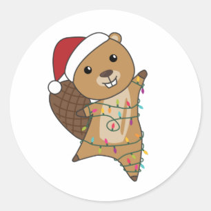 Pegatina Redonda Beaver Navidades animados animales de invierno cas