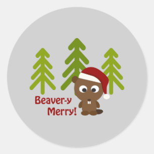 Pegatina Redonda ¡Beaver-y Merry! El castor de los Navidades cutáne