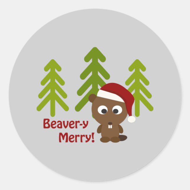 Pegatina Redonda ¡Beaver-y Merry! El castor de los Navidades cutáne (Anverso)