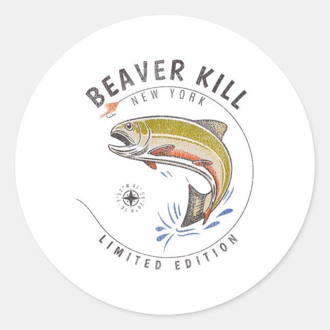 Pegatina Redonda Beaverkill River New York Fly Fishing Souvenir Bea (Anverso)