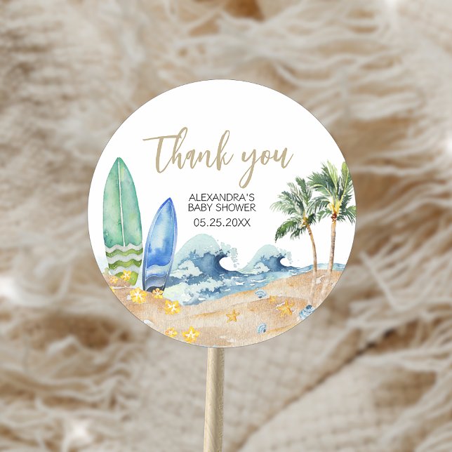 Pegatina Redonda Bebé a bordo de Baby Shower Beach (Baby on Board Beach Baby Shower Sticker)