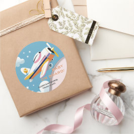 Pegatina Redonda Bebé a bordo del Baby Shower de avión moderno de a