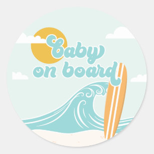 Pegatina Redonda Bebé a bordo en Surf Beach Baby Shower