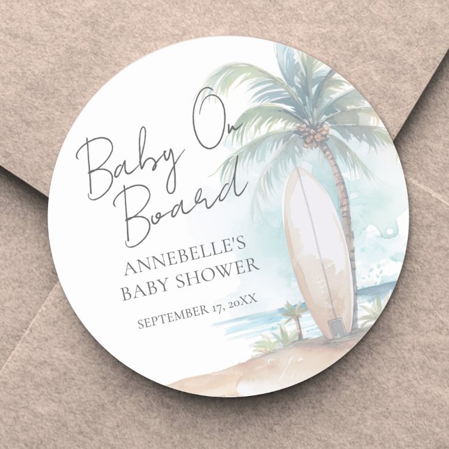Pegatina Redonda Bebé a Bordo Fiesta de Bebé en la Playa (Baby On Board Beach Baby Shower Classic Round Sticker)