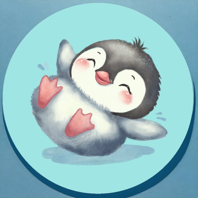 Pegatina Redonda Bebé Adorable Pingüino Cute Niños De Acuarela Juga (Adorable baby penguin sticker in watercolor style on aqua blue. Cute Winter animal for baby's party.)