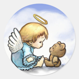 Pegatina Redonda Bebé ángel y oso de peluche