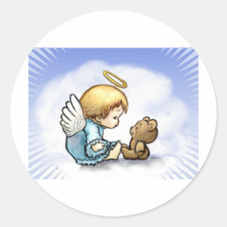Pegatina Redonda Bebé ángel y oso de peluche