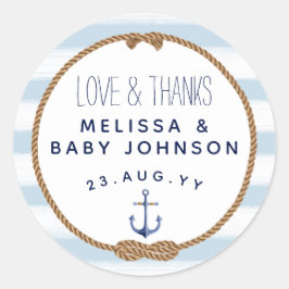 Pegatina Redonda Bebé Azul Amor y Gracias Favor Náutico De Baby Sho