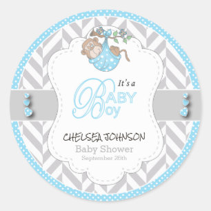 Pegatina Redonda Bebé azul, blanco gris mono Baby Shower