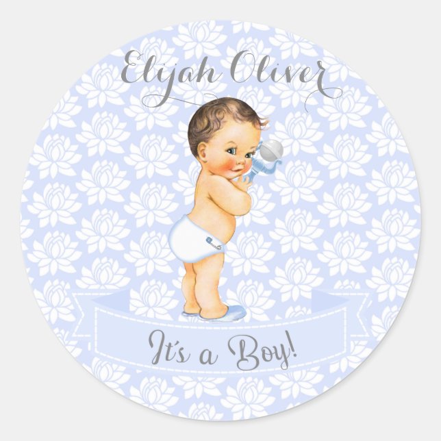 Pegatina Redonda Bebé Azul Blanco y Gris (Anverso)