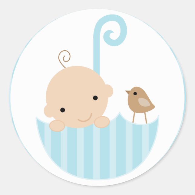 Pegatina Redonda Bebé azul en el paraguas (Anverso)