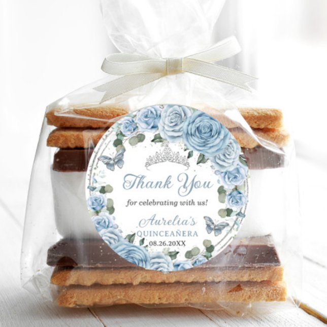 Pegatina Redonda Bebé Azul Floral Plata Mariposas Princesa Favor (Subido por el creador)