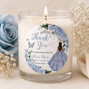 Pegatina Redonda Bebé Azul Floral Princesa Quinceañera 15 Dulces 16