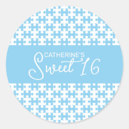 Pegatina Redonda Bebé Azul Y Rompecabezas Blanco Dulce Cubierto 16