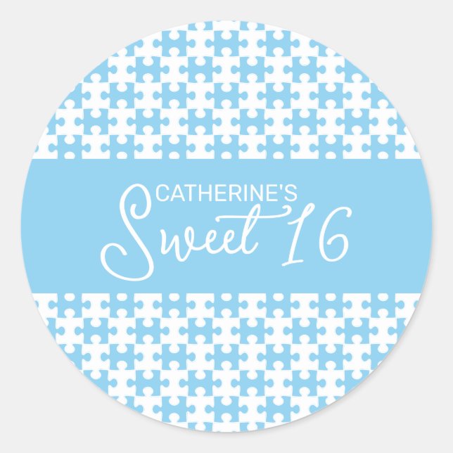 Pegatina Redonda Bebé Azul Y Rompecabezas Blanco Dulce Cubierto 16 (Anverso)