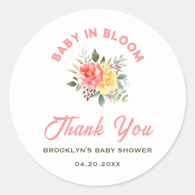 Pegatina Redonda Bebé Baby Shower En Flores Florales De Bloom Botán (Anverso)