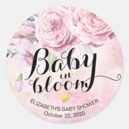 Pegatina Redonda Bebé Baby Shower en flores y plumas de boho en flo