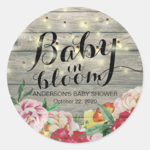 Pegatina Redonda Bebé Baby Shower en madera de hilo de flores en fl