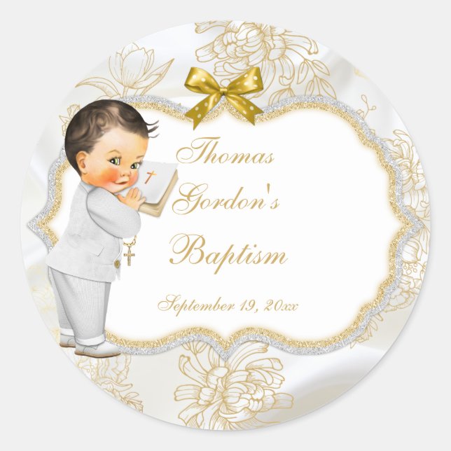 Pegatina Redonda Bebé Baptismo Cruz de la Biblia Comunista (Anverso)