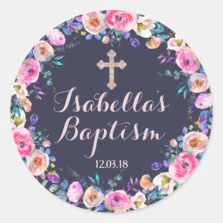 Pegatina Redonda Bebé Baptismo Cruzado Rosado/Chica De La Cristiand