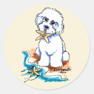 Pegatina Redonda Bebé Bichon Frise de la playa