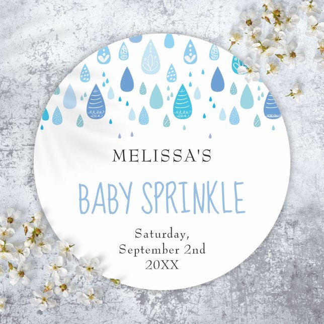 Pegatina Redonda Bebé Blue Lluvia Bebé Sprinkke Shower (Baby Blue Raindrops Baby Sprinkle Shower Classic Round Sticker)