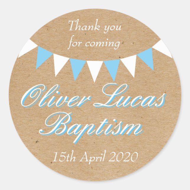 Pegatina Redonda Bebé Bunting Blue Baptism Christening Favor (Anverso)