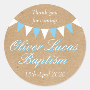 Pegatina Redonda Bebé Bunting Blue Baptism Christening Favor