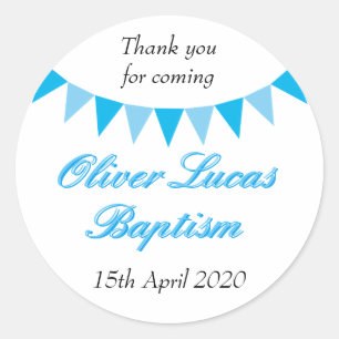 Pegatina Redonda Bebé Bunting Blue Baptism Christening Favor
