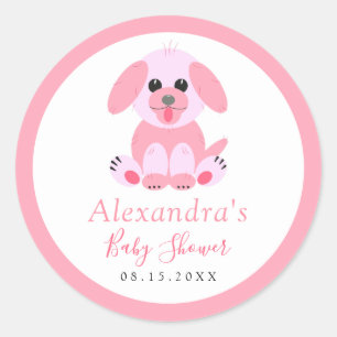 Pegatina Redonda Bebé Chica Ducha Puppy Personalizado Rosa