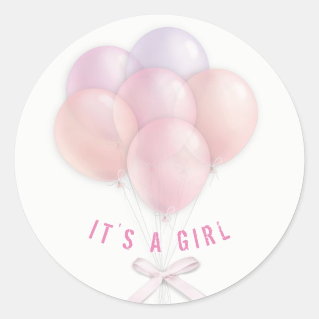 Pegatina Redonda Bebé Chica Globo Rosa (Anverso)