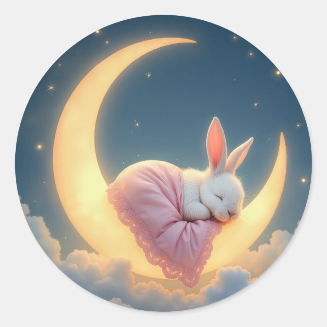 Pegatina Redonda Bebé conejo en una luna creciente (Anverso)