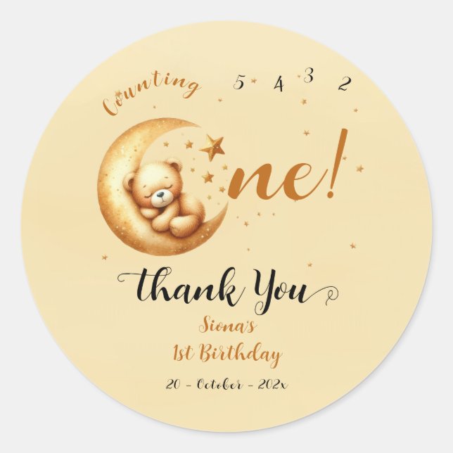 Pegatina Redonda Bebé Cute Dormido En La Luna Primer Cumpleaños (Anverso)