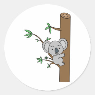 Pegatina Redonda Bebé Cute Koala Subiendo Un Árbol De Eucaliptos