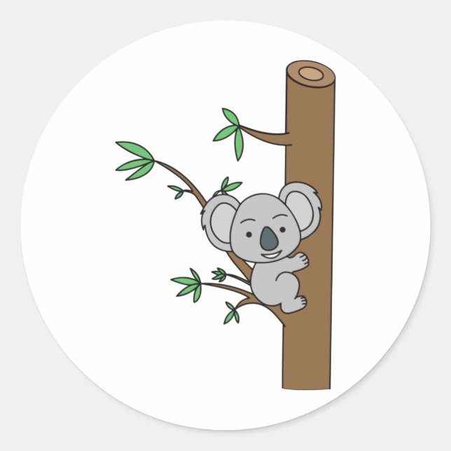 Pegatina Redonda Bebé Cute Koala Subiendo Un Árbol De Eucaliptos (Anverso)