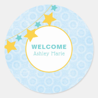 Pegatina Redonda Bebé de bienvenida con estrella azul personalizabl
